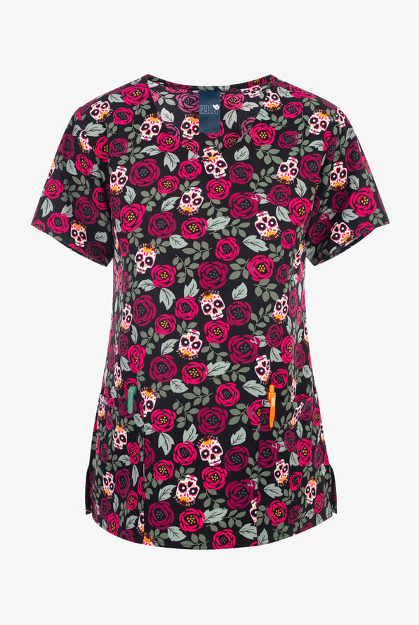 Filipina estampada Zoe & Chloe Sugar Skull Roses STRETCH Mujer